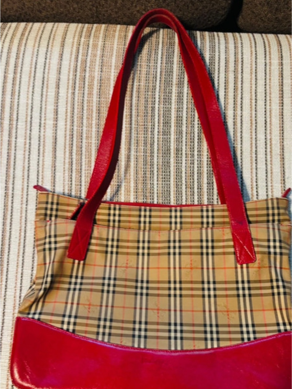 Burberry Plaid Satchel with Red Leather Trim